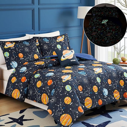 Glow in The Dark Kids Comforter Set Full Size for Boys Teen, Space Bedding Set 1 Comforter, 1 Decor Pillow, 2 Pillow Shams