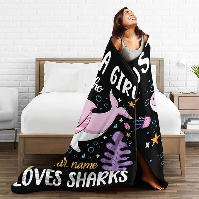 Custom Just A Girl Who Loves Sharks Blankets Gifts for Kids Adult On Bed Sofa,Personalized Premium Flannel Blankets for Birthday Christmas Thanksgiving All Season Use 90''x 120'' -XL