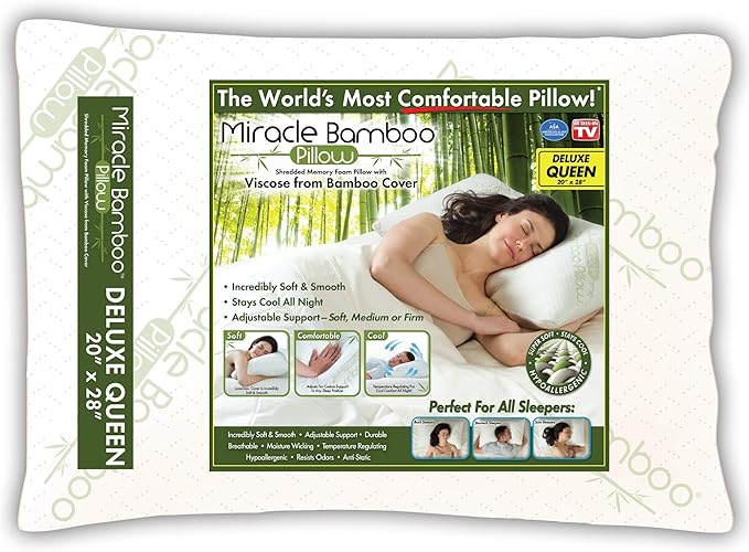 Ontel Miracle Shredded Memory Foam Pillow with Viscose from Bamboo Cover, Queen, White
