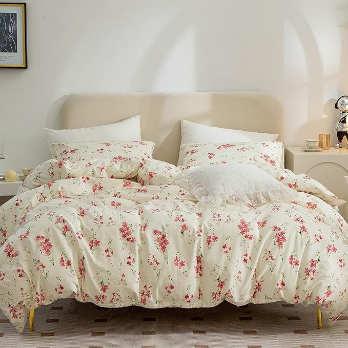 Floral Duvet Covers Queen, 100% Soft Microfiber Chic Floral Bedding Sets Queen 3 Pieces Flower Duvet Cover Queen for All Seasons, 1 Duvet Cover and 2 Pillowcases with Zipper Closure (Floral, Queen)