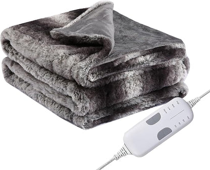 Electric Heated Blanket Throw Size 50" x 60", Super Cozy Warmth Soft with 4 Heating Levels & 4 Hours Auto Off, Plush Faux Fur & Sherpa, Machine Washable, Home Office Use, Gray White
