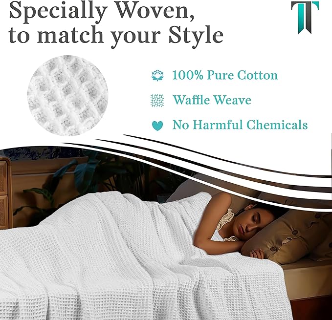 Tex Trend 100% Cotton Blankets – Soft and Breathable Twin XL White Waffle Blanket – for Christmas & All Season Comfort – Suitable for Bed Layering, Sofa, Couch and Chair (60”x90”)
