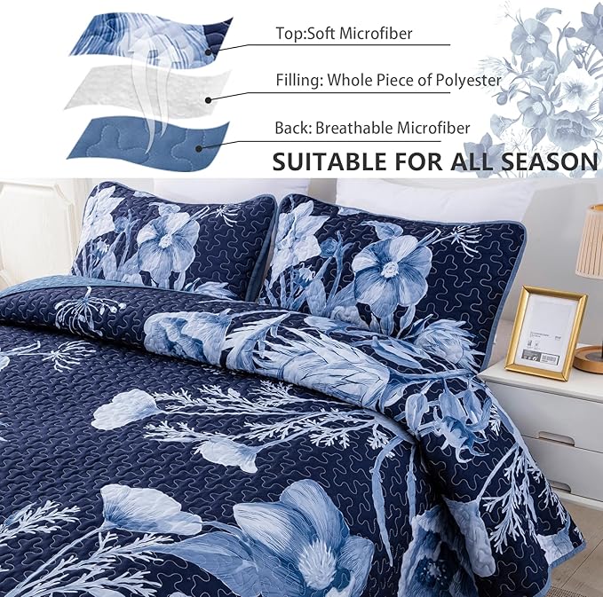 Floral Quilt Set King 3 Pieces Navy Blue Floral Quilt Coverlet Set Soft Microfiber Lightweight Navy Blue Quilted Bedspread for All Season 104"x90"