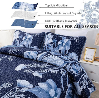 Floral Quilt Set King 3 Pieces Navy Blue Floral Quilt Coverlet Set Soft Microfiber Lightweight Navy Blue Quilted Bedspread for All Season 104"x90"