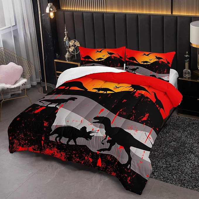 Cartoon Dinosaur Comforter Set Full 3Pc Kawaii Dinosaur Bedding Set All Season with Tree, Leaf Decoration Includes 1 Comforter, 2 Pillowcases for Kids Girls Teens