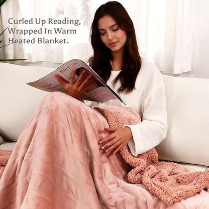 Heated Throw Heating Blanket Electric Throw Size 50" x 60" with 5 Levels Heating & 3Hs Auto Off, Microplush Flannel & Warm Sherpa, Machine Washable, Great Christmas Birthday Gifts, Pink