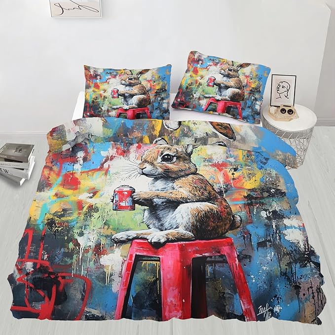 Rabbit Duvet Cover Queen Size, Street Graffiti Rabbit Bedding Set 3 Piece Bedroom Decor Fun Animal Comforter Cover with Zipper Ties & 2 Pillowcases