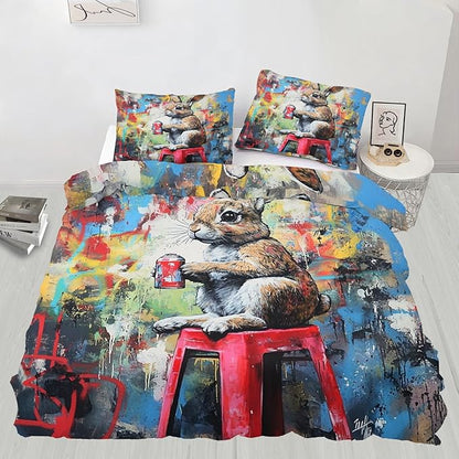 Rabbit Duvet Cover Oversized King Street Graffiti Rabbit Bedding Set 3 Piece Bedroom Decor Fun Animal Comforter Cover with Zipper Ties & 2 Pillowcases