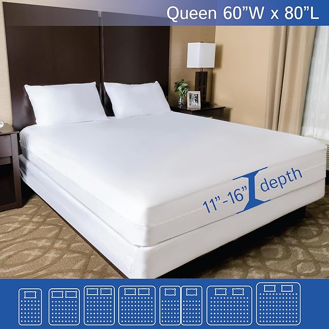 Queen Size Mattress Protector Bedbug Waterproof Zippered Cover Hypoallergenic Premium Quality Encasement White