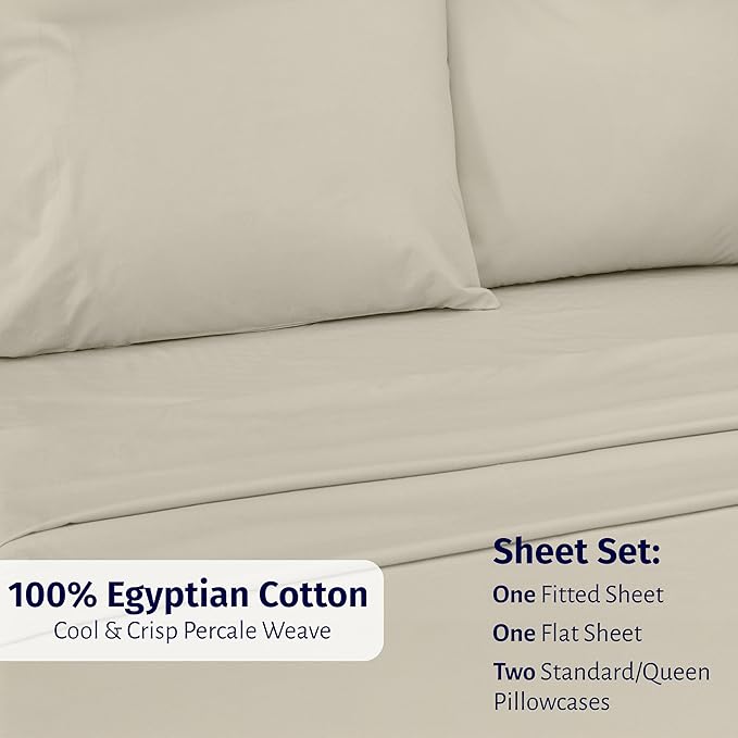 California Design Den Certified 100% Egyptian Cotton Percale Sheets Queen Size Set - Lightweight, Deep Pocket Queen Cotton Sheet Set, Crisp & Durable Luxury Bedding Set - Beige