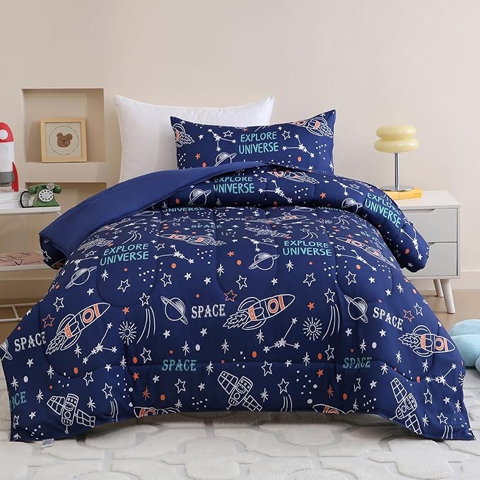 Toddler Comforter Set for Kids, Boys, Girls, 4 Pieces Bed-in-a-Bag Bedding Set, All Season Ultra Soft Sheets Set with Comforter, Space Rocket