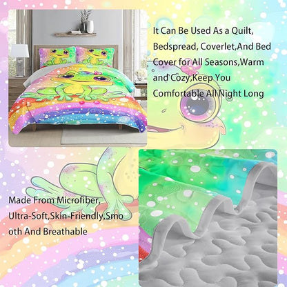 AILONEN Cartoon Frog Quilt Queen Size Bedding Set & 2 Pillowcases,Rainbow Bedspread Coverlet,3Pcs Kawaii Colorful Frog Quilt Set for Kids Boys Girls,All Season