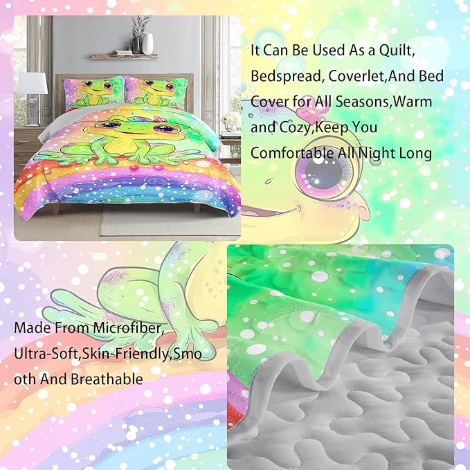 AILONEN Cartoon Frog Quilt King Size Bedding Set & 2 Pillowcases,Rainbow Bedspread Coverlet,3Pcs Kawaii Colorful Frog Quilt Set for Kids Boys Girls,All Season