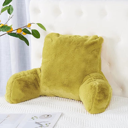 Plush Faux Fur Backrest Reading Bed Rest Pillow with Arms and Pockets for Sitting in Bed Couch Sofa, Back Support Wedge Cushion with Removable Cover, 20" x 18" x 17", Mustard Yellow