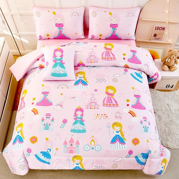 ANGIYUIN 6Pcs Pink Twin Size Comforter Set for Girls Princess Bedding Fairy Tales Castle Kids Bed in A Bag with Sheets Cute Soft Printed Girl Bedding Set for All Season