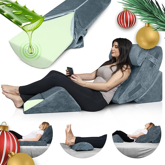 Lunix 4pcs Orthopedic Bed Wedge Pillow Set, Post Surgery Aloe Vera Memory Foam for Back, Leg, Knee Pain Relief, Adjustable Sitting Pillow for Sleeping, Acid Reflux, GERD, with Hot Cold Pack, Full Navy