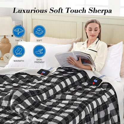 Westinghouse Electric Blanket Queen Size, Soft Flannel to Sherpa Heated Blanket with Dual Control 10 Heating Levels & 1 to 12 Hours Auto-Off, Machine Washable, Fast Heating, 84 * 90 Inch, Black
