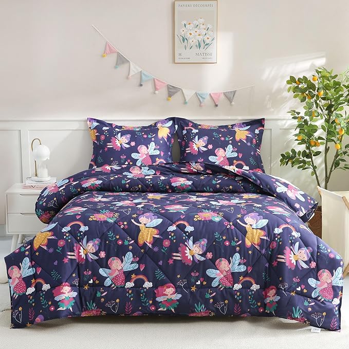 JSD Fairy Kids Comforter Set Full Size, 3 Piece Girls Floral Printed Microfiber Bedding Set, Machine Washable