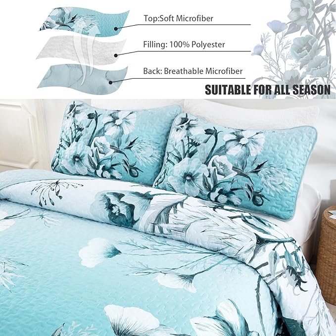 Blue Floral Quilt Set King Size 3 Pieces Boho Flower Quilt Coverlet Set Soft Microfiber Lightweight Floral Quilted Bedspread with 2 Pillow Shams for All Season 90"x104"