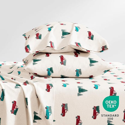 Bare Home Flannel Sheet Set Prints, 100% Cotton, Velvety Soft Heavyweight - Christmas Sheets - Double Brushed Flannel for Extra Softness & Comfort - Deep Pocket - Holiday Sheets (King, Vintage Truck)