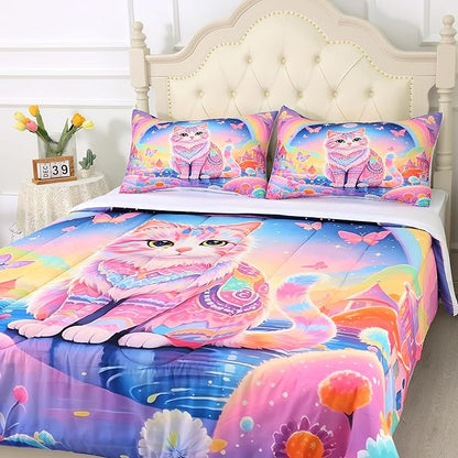 Rainbow Cat Bedding Set: King Size Cat Print Comforter Set Ethnic Kitten Castle Quilts for Women Adults Teens Couple Colorful Feline Butterflies Floral Pet Bed Set 3 Piece