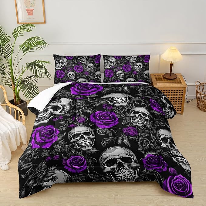 Sugar Skull King Size Comforter Set Floral Bedding Set,Gothic Skull Bedding Set for Boys Girls,Skeleton Bone Rose Blossoms Print Halloween Quilt Set,Horror Comforter Set for Bedroom Decor