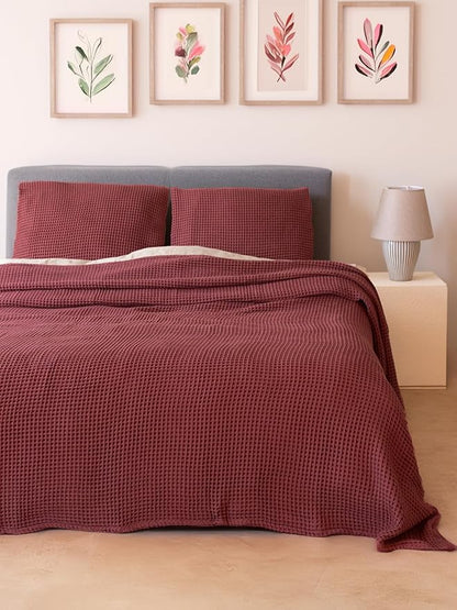 Premium Waffle Blanket Queen XL Size Red - Luxury, Pure 100% Turkish Cotton, Light & Airy Waffle Weave All-Season Quilt - Decorative Bedspread (Dark Red, Queen XL 95" x 102" Inch)