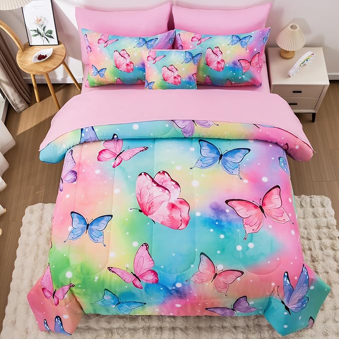 Butterfly Comforter Set Queen Size 8 Piece Bed in A Bag Colorful Flowers Leaves Bedding Set for Kids Teens Super Soft All Season - Rainbow