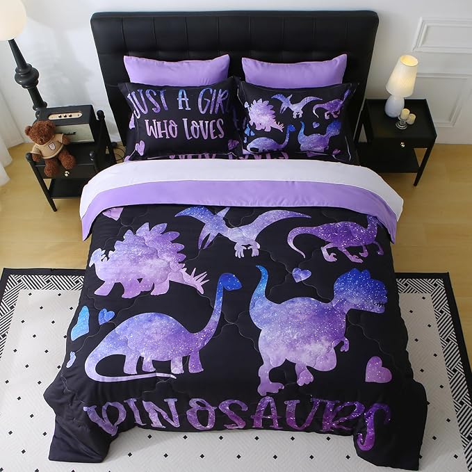 7 Piece Girls Dinosaur Comforter Set Full Size Violet Dinonsaur Soft Microfiber Bed in A Bag with Comforter,Sheet Set,Pillowcase and Sham for Child Teens All Season