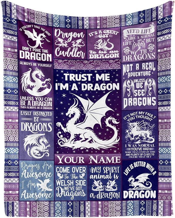 Custom Dragon Blanket with Name for Women Men, Personalized Cute Dragon Themed Design Printed Purple Throw Blankets for Teens Adults Couch Bed, Giftable Blanket, 60"x 80"