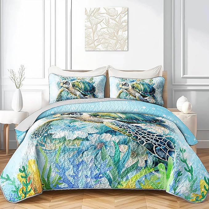 AILONEN Sea Turtle Quilt Set King Size,Blue Green Flower Bedspread Coverlet,Ocean Theme Bedding Set Printed with 2 Pillowcases,Soft Microfiber Bed Cover