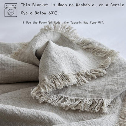 Simple&Opulence 100% Linen Throw Blanket 55x75 inches, Farmhouse Boho Tassel Blanket for Couch, Bed, Sofa, Breathable Natural Cozy Décor, Linen