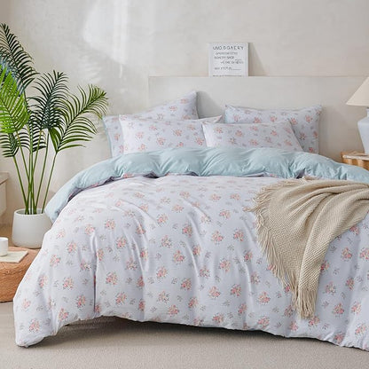 Jane yre Queen Duvet Cover Floral Soft Brushed Microfiber Crinkle Gauze Fabric 3 Pieces Floral Bedding Set for All-Season Garden Duvet Cover with Zipper Closure, Luxury Breathable Comfy