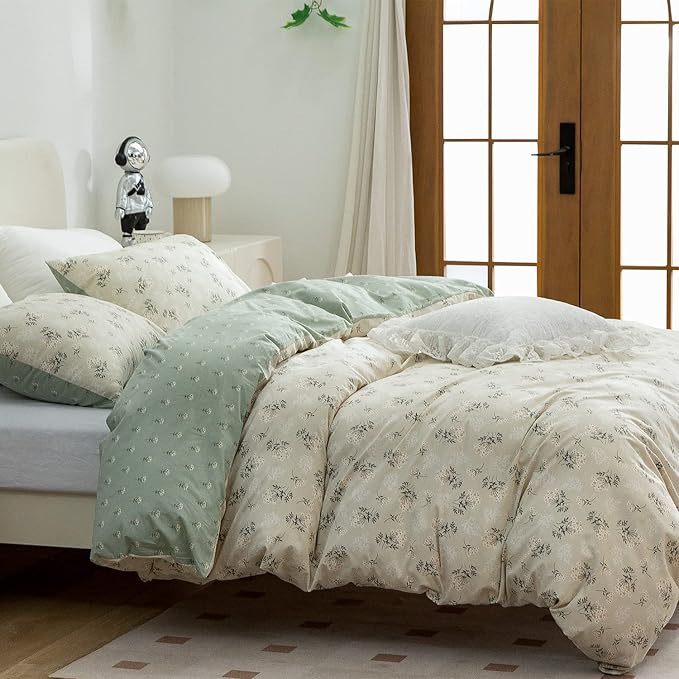 Cotton 3-Piece Twin Bedding Set - Reversible Floral Duvet Cover with Zipper Closure