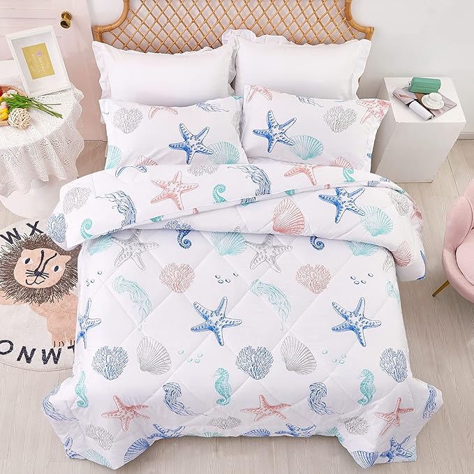 JSD Beach Theme Kids Comforter Set Queen Size, Jellyfish Starfish Summer Printed Comforter with Pillow Sham, Machine Washable