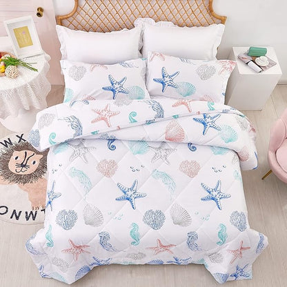JSD Beach Theme Kids Comforter Set Queen Size, Jellyfish Starfish Summer Printed Comforter with Pillow Sham, Machine Washable