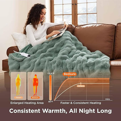 Bedsure Fluffy Bubble Faux Fur Heated Blanket Throw - Super Soft Electric Blanket, Heating with 6 Heating Levels, 4 Time Settings, 3-Hour Auto-Off, Decor Gifts for Home, Green, 50x60 inches