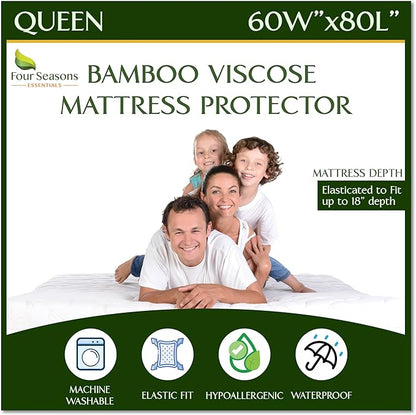 Four Seasons Essentials Queen Size Waterproof Mattress Protector - Cooling Viscose derived from Bamboo Fitted Sheet Mattress Cover - Quilted Jacquard Pad Protects from Dust Allergens