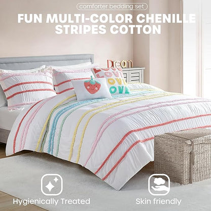 Intelligent Design Kids Full Cotton Comforter Set, Casual Fun Colors Chenille Stripes, All Seasons Fluffy Comforter Bed Set, Shams, Decor Pillows, Haisley, Full/Queen, Pink Multi 5 Piece