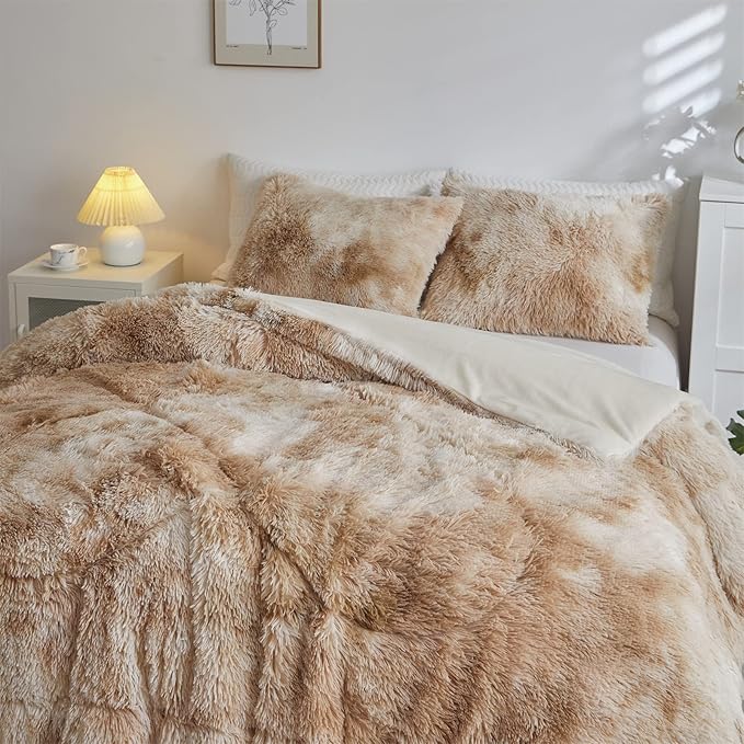 Wajade Faux Fur Plush Tie Dye Camel Comforter Set Fluffy Fuzzy Shaggy Bedding Set - 3PC Full Size Microfiber Soft Warm Quilt Set