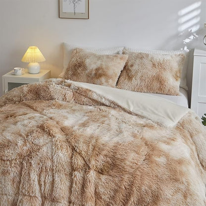 Wajade Faux Fur Plush Tie Dye Camel Comforter Set Fluffy Fuzzy Shaggy Bedding Set - 3PC Full Size Microfiber Soft Warm Quilt Set