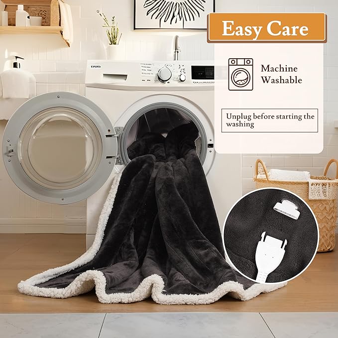 Electric Heated Blanket Flannel & Sherpa 62"x84" Twin Size - 4 Heat Levels 10H Auto Shut Off Fast Heating Cozy and Comfortable Warm Gifts, Machine Washable - Dark Gray