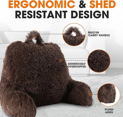 Cheer Collection Fluffy Reading Pillow Chair - Shaggy Hair Chair Pillow with Arms for Bed & Couch, Chocolate