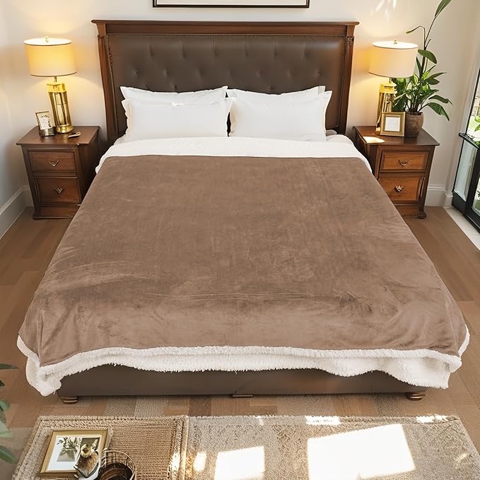 Electric Heated Blanket Throw Size - 50"x60", Soft Flannel Heating Blanket, 4 Heating Levels, 3 H Auto Shut Off, Breathable Warm and Washable for Sofa, Light Brown