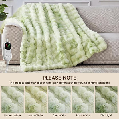 Heated Blanket Throw with 1/2/4/6/8 Hours Auto-Off 10 Heat Level, 50'' * 60'' Cozy Faux Rabbit Fur Bubble Electric Blanket with Overheat Protection(Tie-Dye Green)