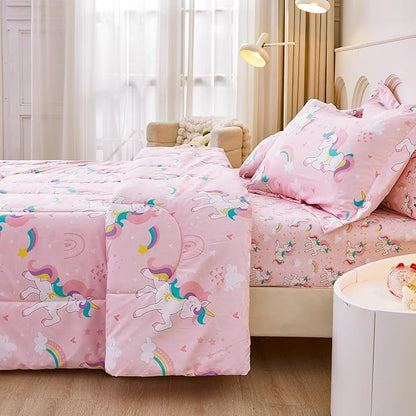 Mooreeke Twin Size Comforter Sets for Girls Kids, 6 Pieces Bed in a Bag Heart Rainbow Unicorn Bedding Comforter Sheet Set with Shams and Decorative Toy Pillow, Ultral Soft Microfiber Kids Bed Set