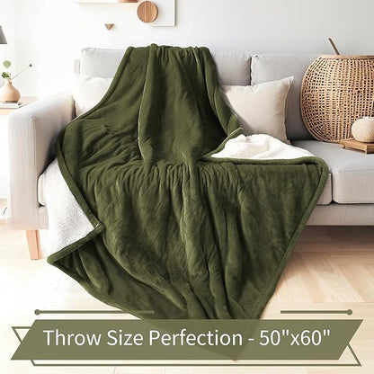 Electric Heated Blanket Throw Size 50"x60" - Flannel & Sherpa Fabric Dual-Sided, 6 Heat Settings & 1-3 Hours Auto Off, Soft & Cozy Warming Throw for Home, Office, or Bed, Machine Washable, Olive Green