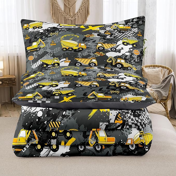 Peopleareok Construction Truck Kids Comforter Set for Boys Twin (68x86 Inch), 2 Pieces Construction Excavator Truck Bedding Sets for Toddler Children, Super Soft Microfiber Comforter with 1 Pillowcase