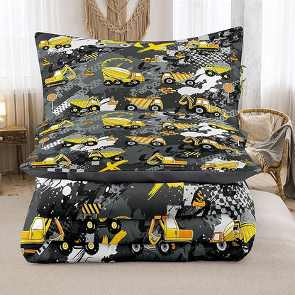 Peopleareok Construction Truck Kids Comforter Set for Boys Twin (68x86 Inch), 2 Pieces Construction Excavator Truck Bedding Sets for Toddler Children, Super Soft Microfiber Comforter with 1 Pillowcase