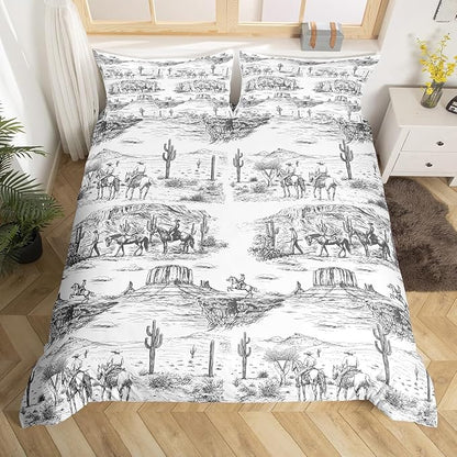 Southwest Cowboy Duvet Cover Set King Size Western Desert Bedding Set 3Pcs Black White Farmhouse Comforter Cover for Boys Men Girls Adult Room Decor Wild Horse Cactus Quilt Cover,2 Pillowcase